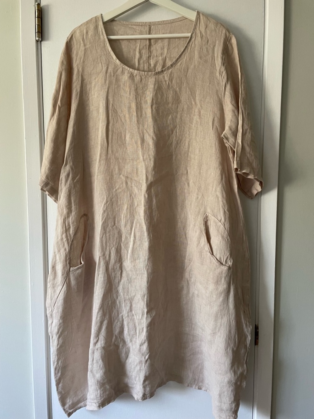 100% Linen Dress Made in Italy Beige Oversized Loose Fit Pockets L-XL
